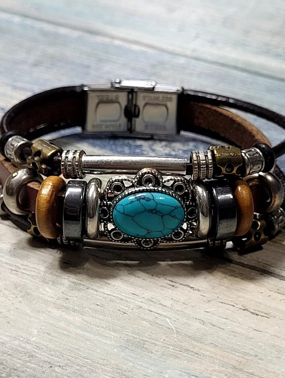 Leather Bead Bracelet with faux Turquoise Stone - Men Accessories